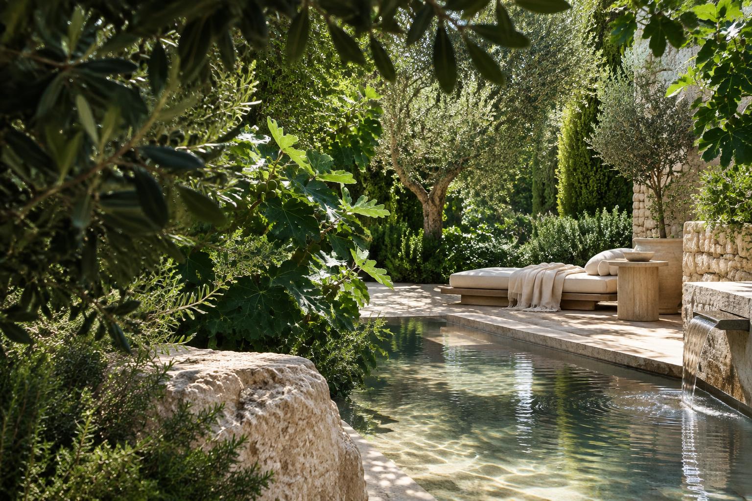 Jardim com folhagem, pedra e água